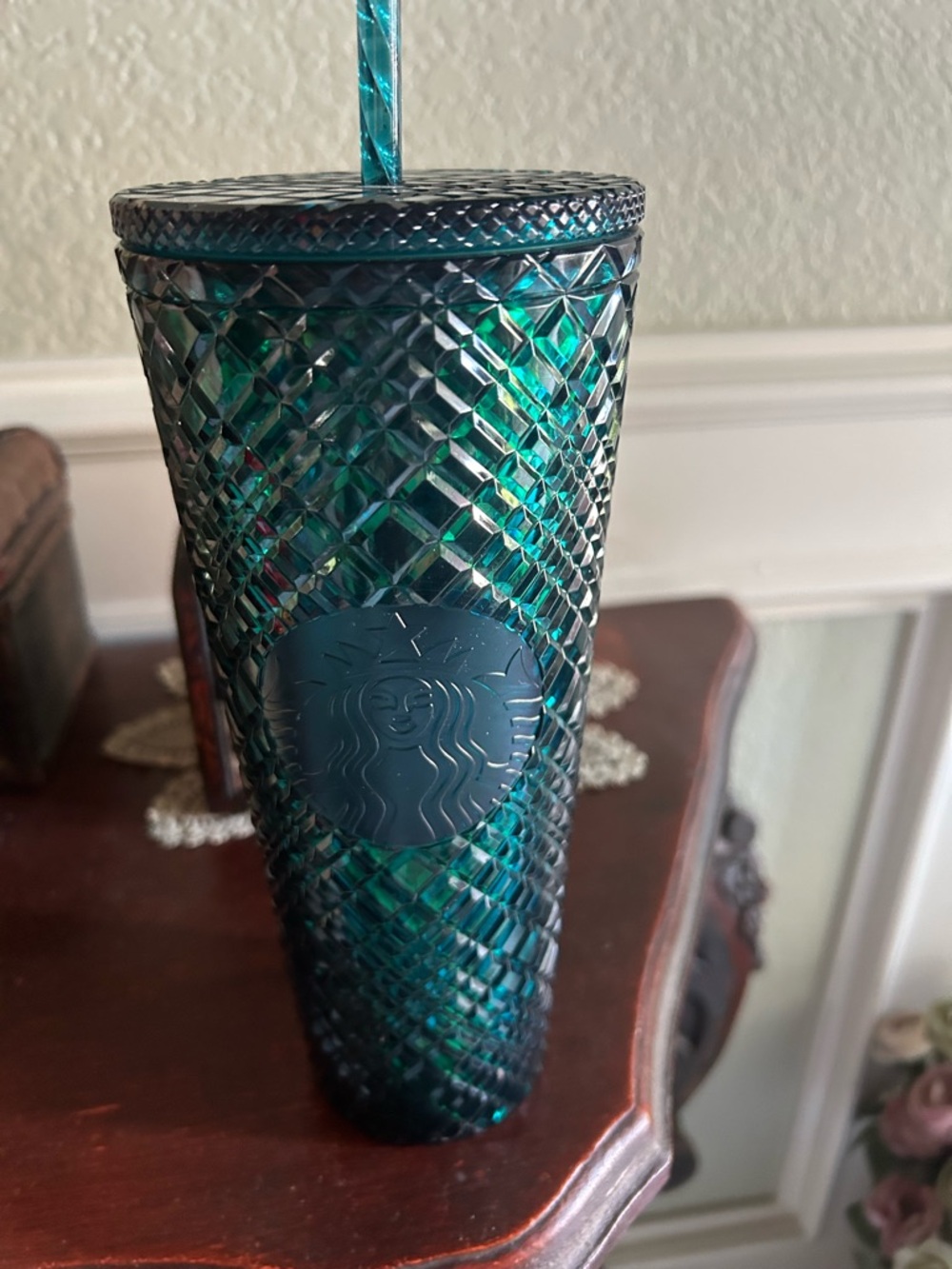 Starbucks Iridescent Teal Green Studded Cold Cup with Straw